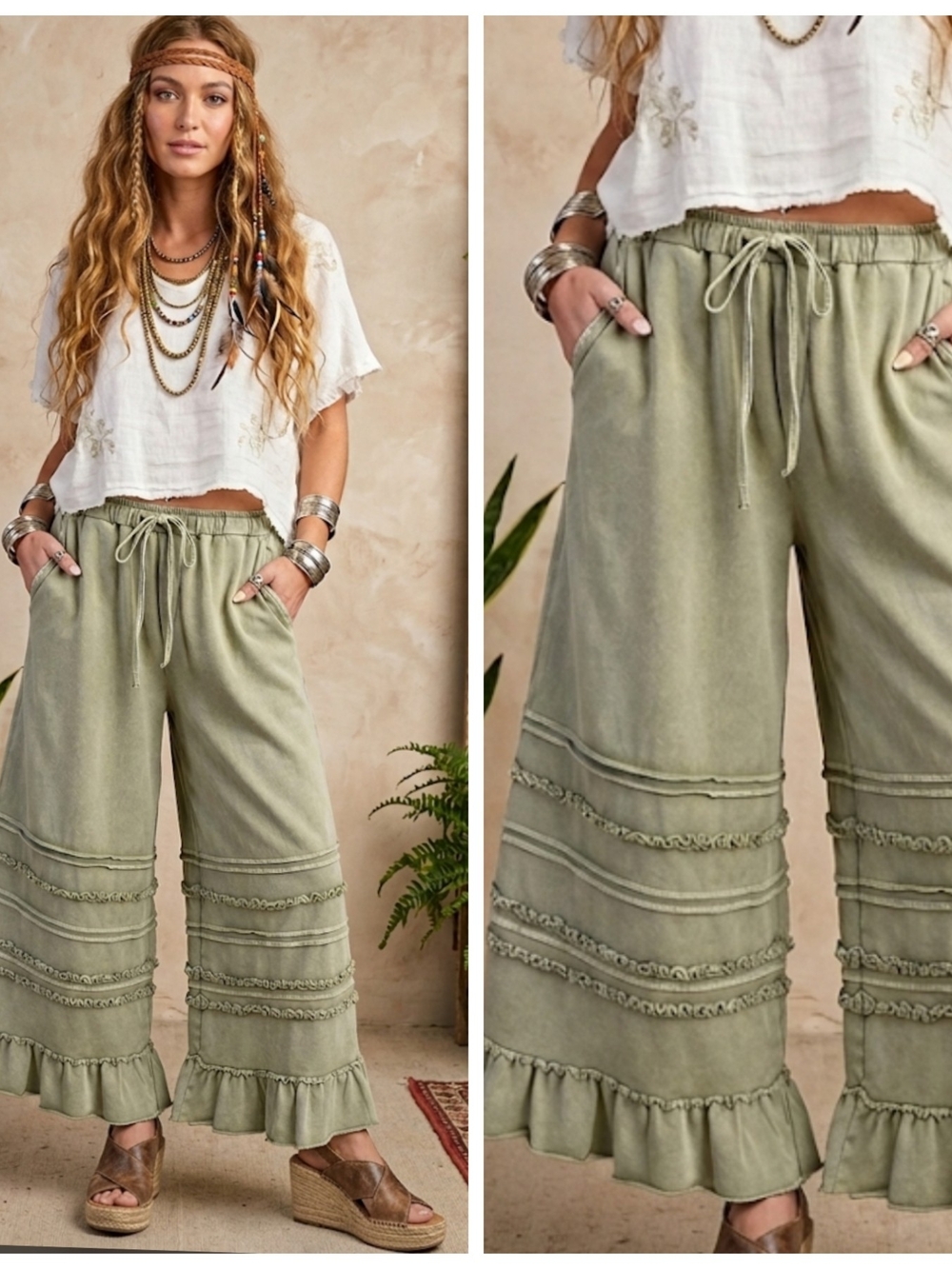 Boho Wide-Leg Ruffle Bloomer Crop Pants
